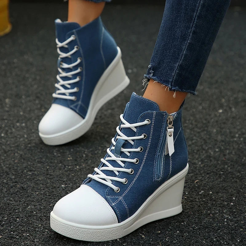 Women's Platform Wedge Heel High Top Sneakers Casual Canvas Shoes Woman