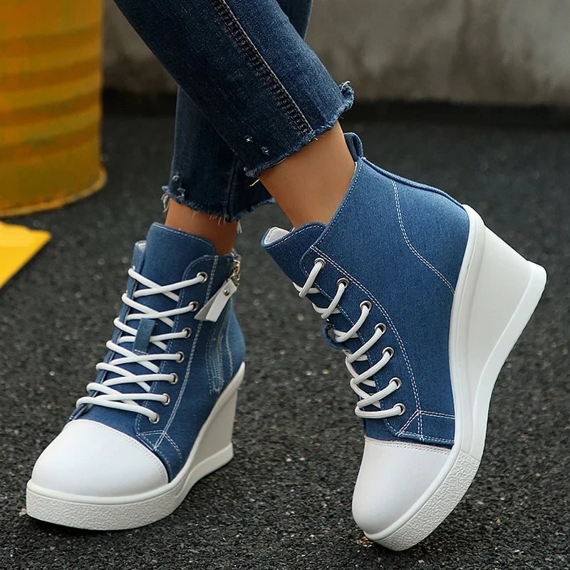 Women's Platform Wedge Heel High Top Sneakers Casual Canvas Shoes Woman