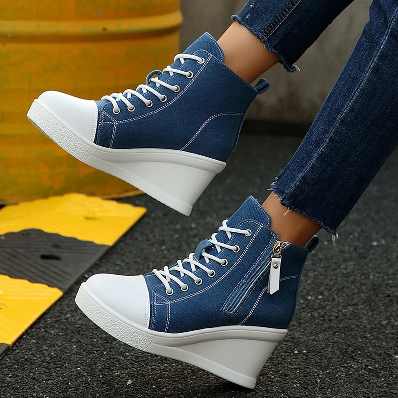 Women's Platform Wedge Heel High Top Sneakers Casual Canvas Shoes Woman
