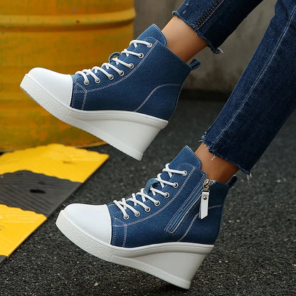 Women's Platform Wedge Heel High Top Sneakers Casual Canvas Shoes Woman