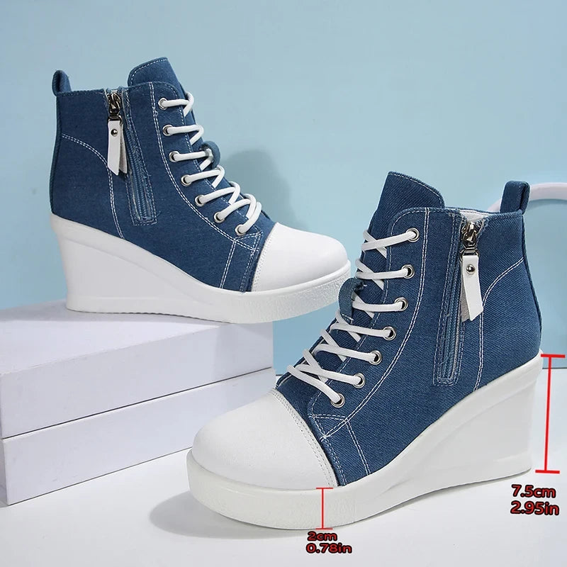 Women's Platform Wedge Heel High Top Sneakers Casual Canvas Shoes Woman
