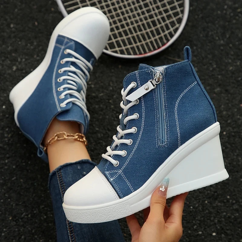 Women's Platform Wedge Heel High Top Sneakers Casual Canvas Shoes Woman