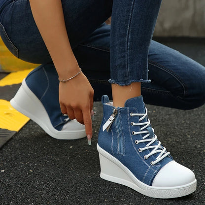 Women's Platform Wedge Heel High Top Sneakers Casual Canvas Shoes Woman