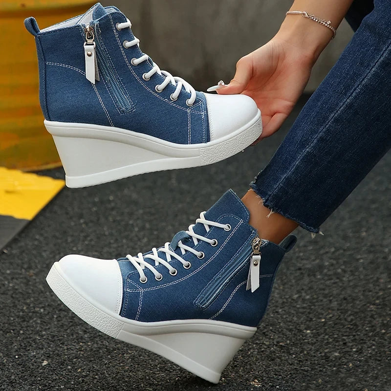Women's Platform Wedge Heel High Top Sneakers Casual Canvas Shoes Woman