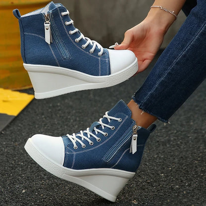 Women's Platform Wedge Heel High Top Sneakers Casual Canvas Shoes Woman