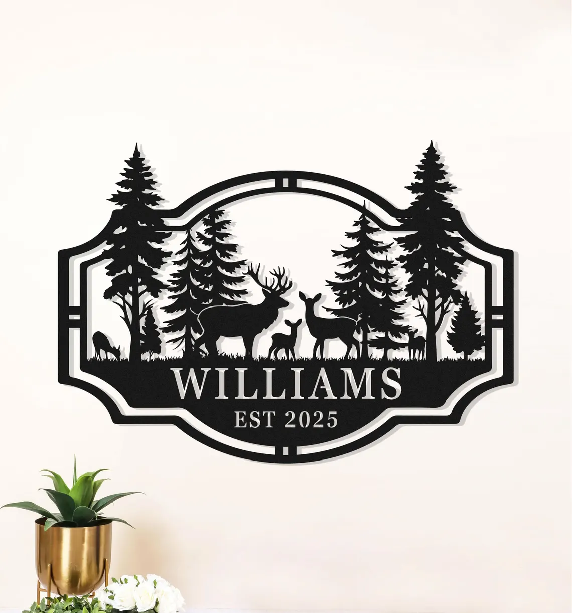 Custom Deer Family Name Sign, Personalized Deer Forest Cabin Metal Sign, Deer Farmhouse Wall Hanging, Last Name Monogram Cabin Outdoor Decor